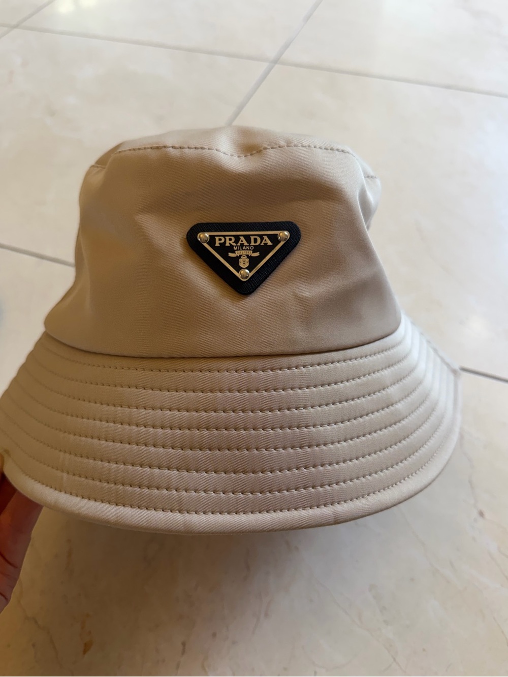 Milano Tan Bucket Hat with Black Logo Plaque